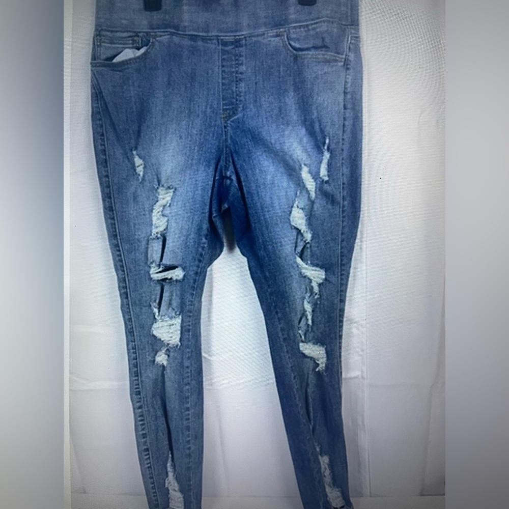 Fashion To Figure Womens Distressed Skinny Blue Pull On Jeans Joggers Sz 1X
